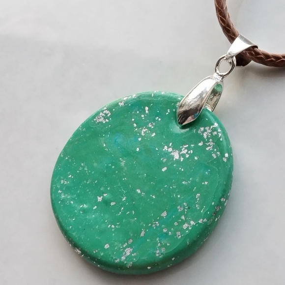Handmade Polymer Clay Pendant Necklace with Silver Leaf Decoration - Picture 3 of 3